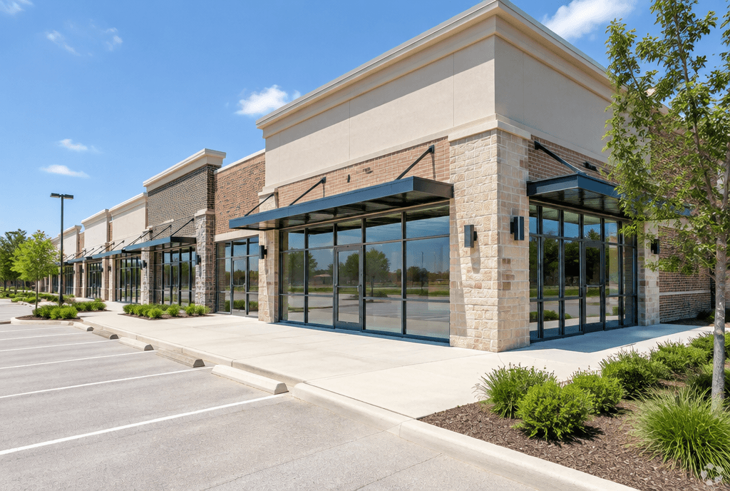 A neighborhood retail strip center with a unit for lease