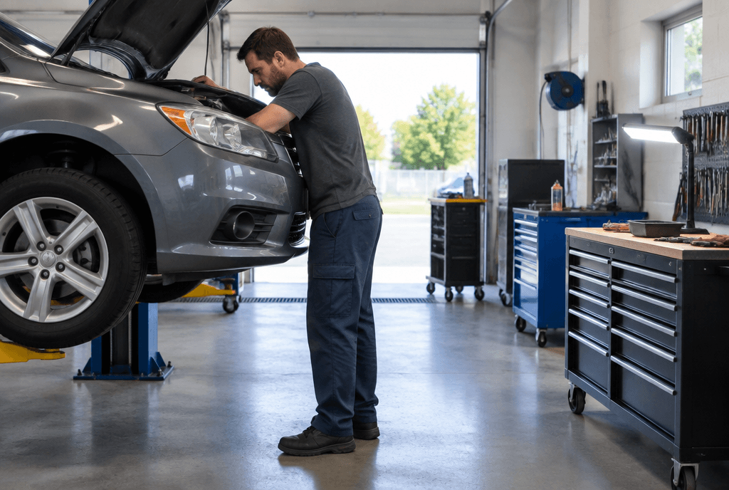 A mechanic working under the hood in an auto repair shop