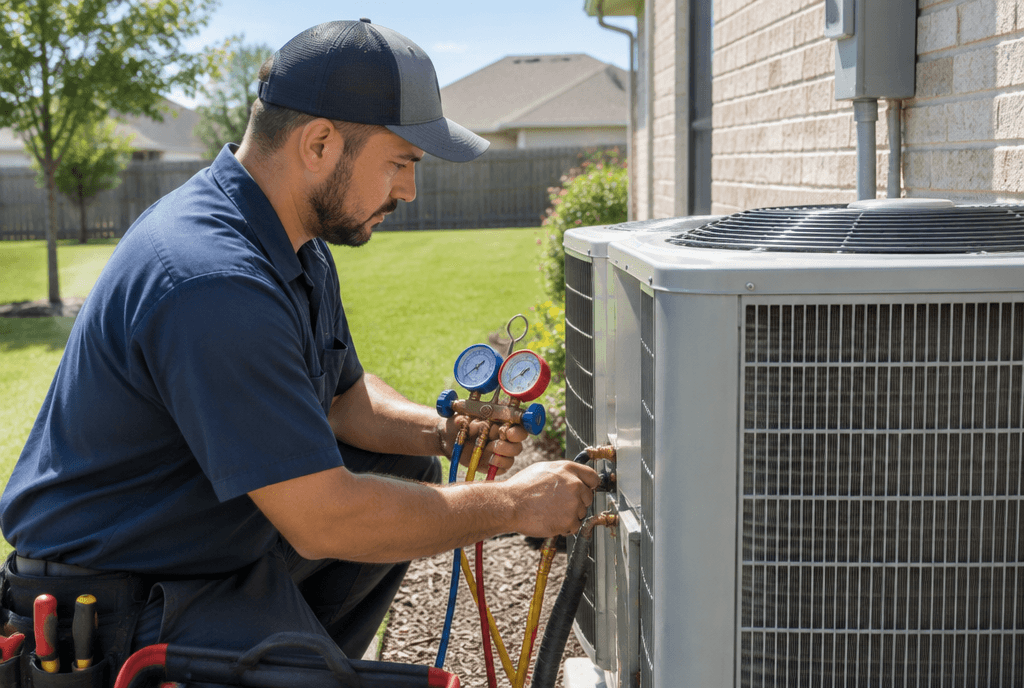 An HVAC technician servicing an air conditioner while his phone is covered