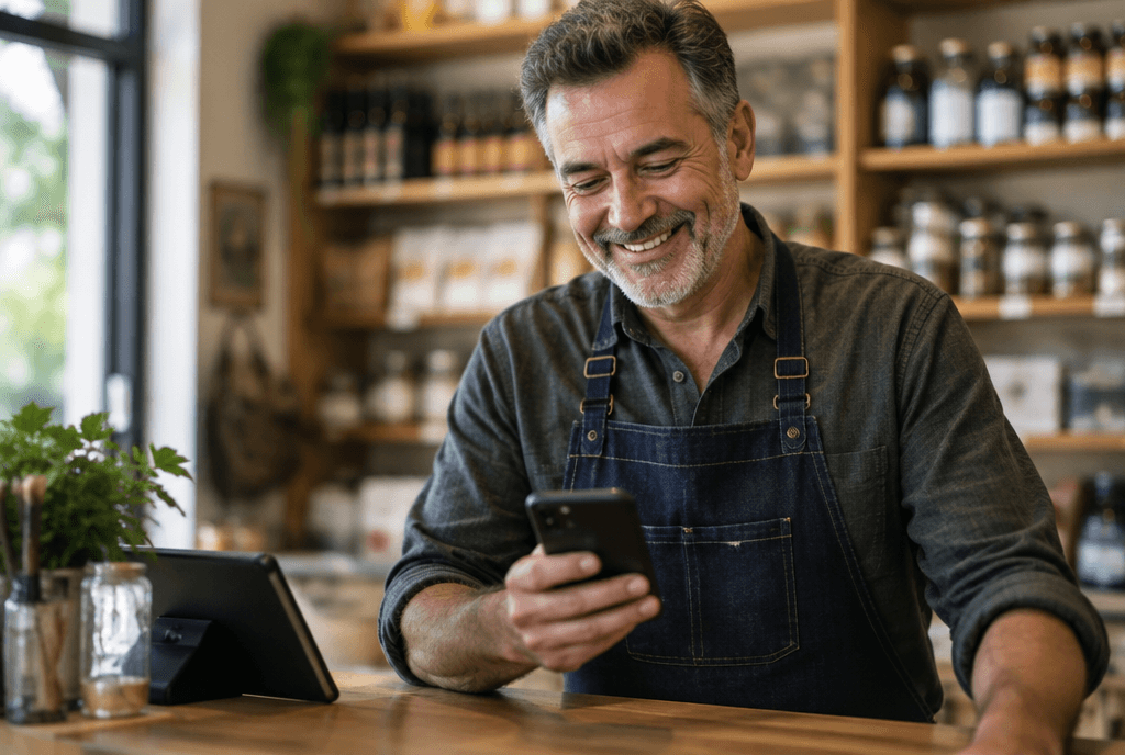A shop owner smiling at a call summary text on his phone