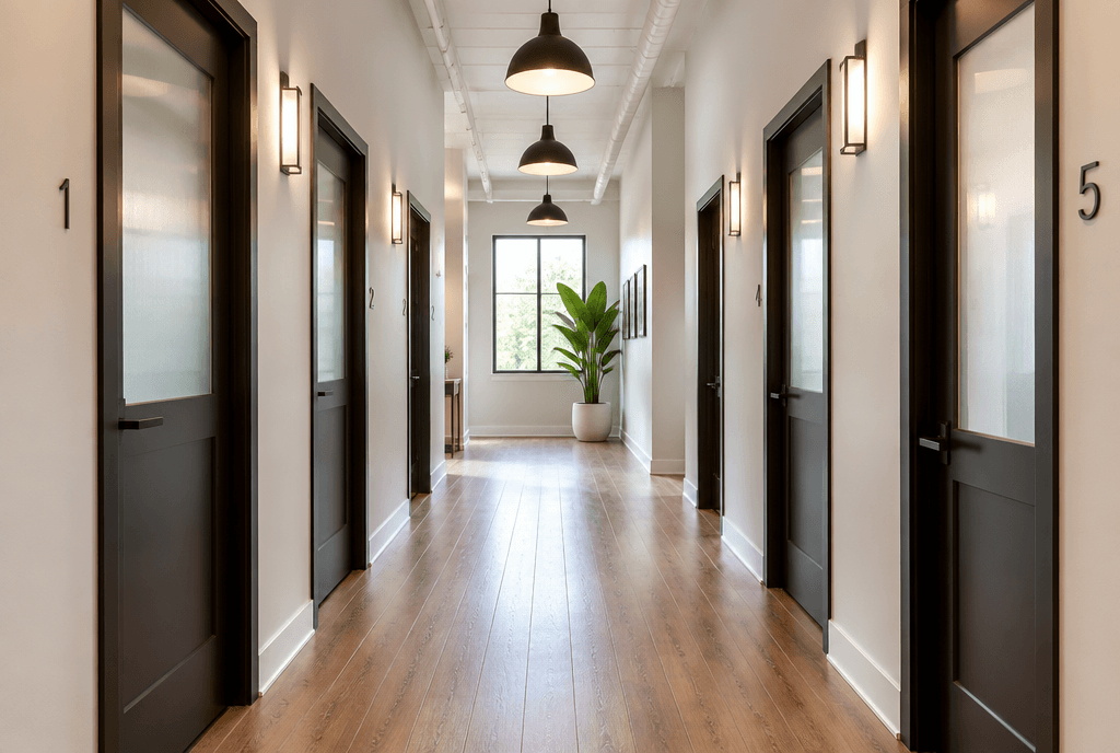A hallway of salon suite doors