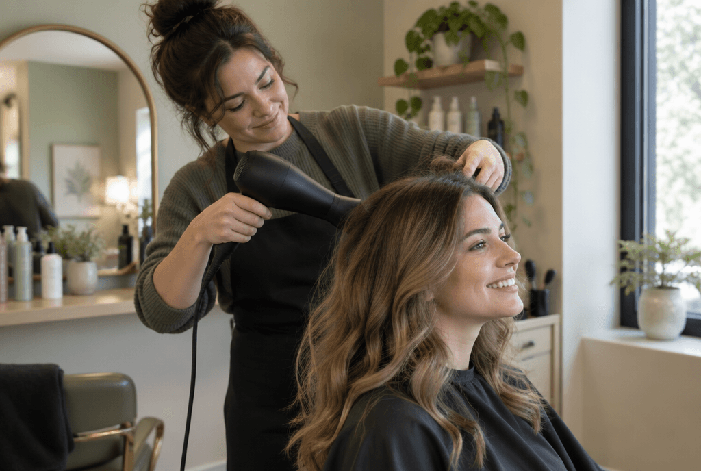 An independent stylist blow-drying a client's hair in her suite