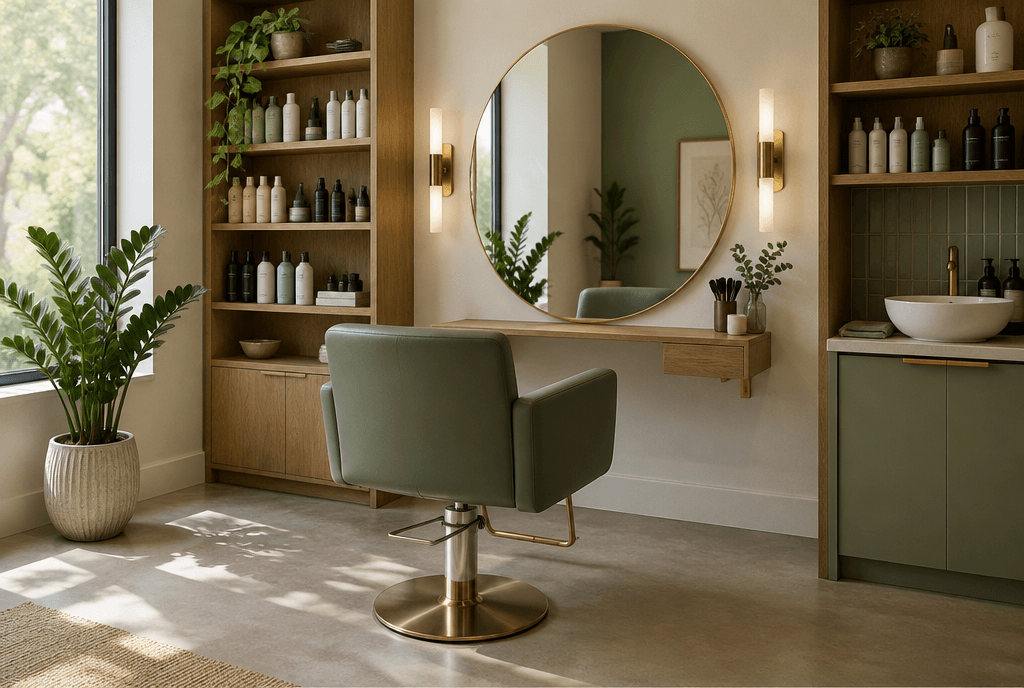 A private salon suite with a styling chair, round mirror and wood shelving