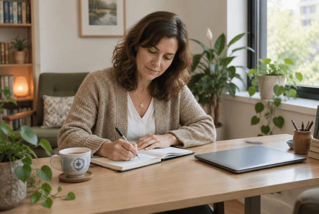 A counselor writing notes at her desk between appointments