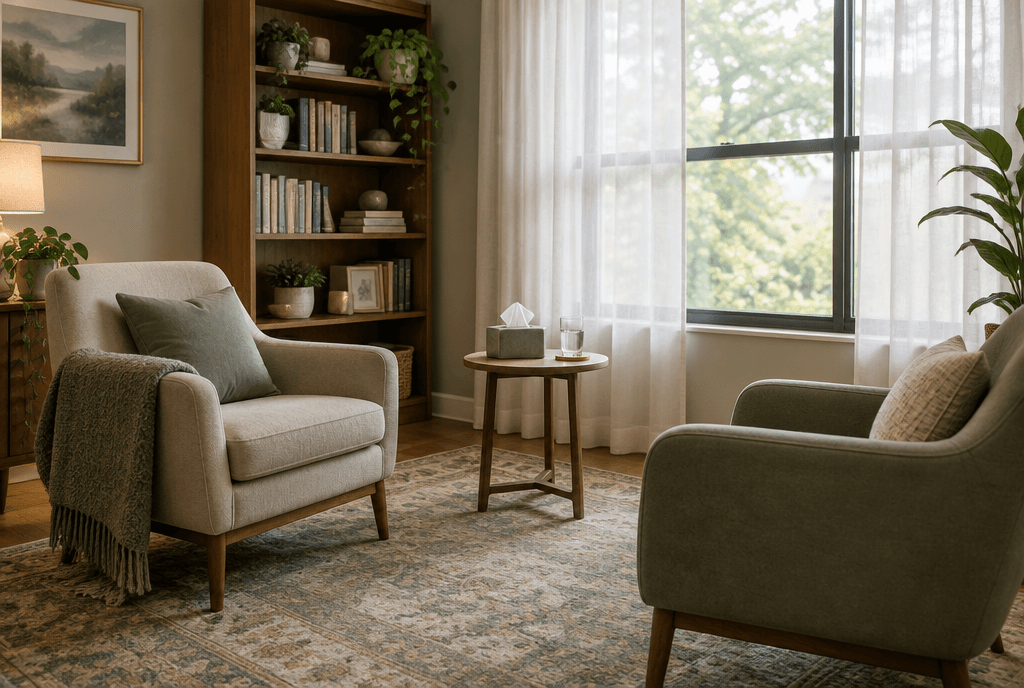 A calm therapy office with two armchairs and soft daylight