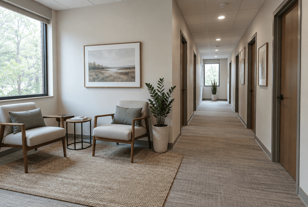 A shared office suite with a quiet waiting area